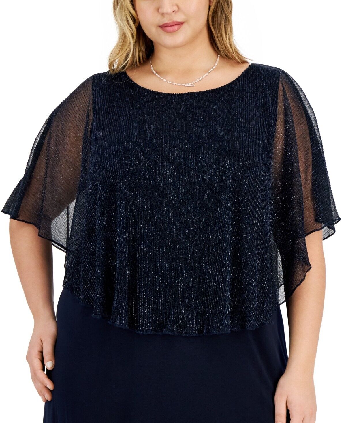 Connected Plus Size Round-Neck Mesh Cape Overlay Dress, Navy, Size 20W