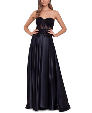 Blondie Nites Juniors Illusion Evening Applique Charmeuse Gown, Black, Size 7