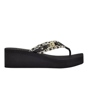 GUESS Women's Ediva Wedges with Hardware Heritage Logo Fabric Sandals, Black, 9M