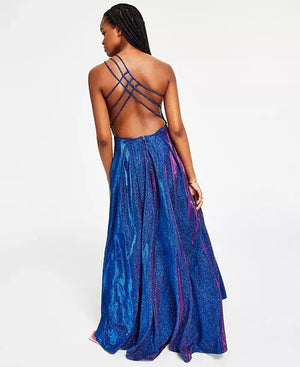 B Darlin Juniors' Strappy-Back Glitter-Finish Gown, Sapphire/Fuschia, Size 13/14