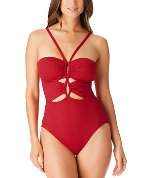 Bar III Women's Ribbed Front-Cutout Swimsuit, Dark Cherry, M