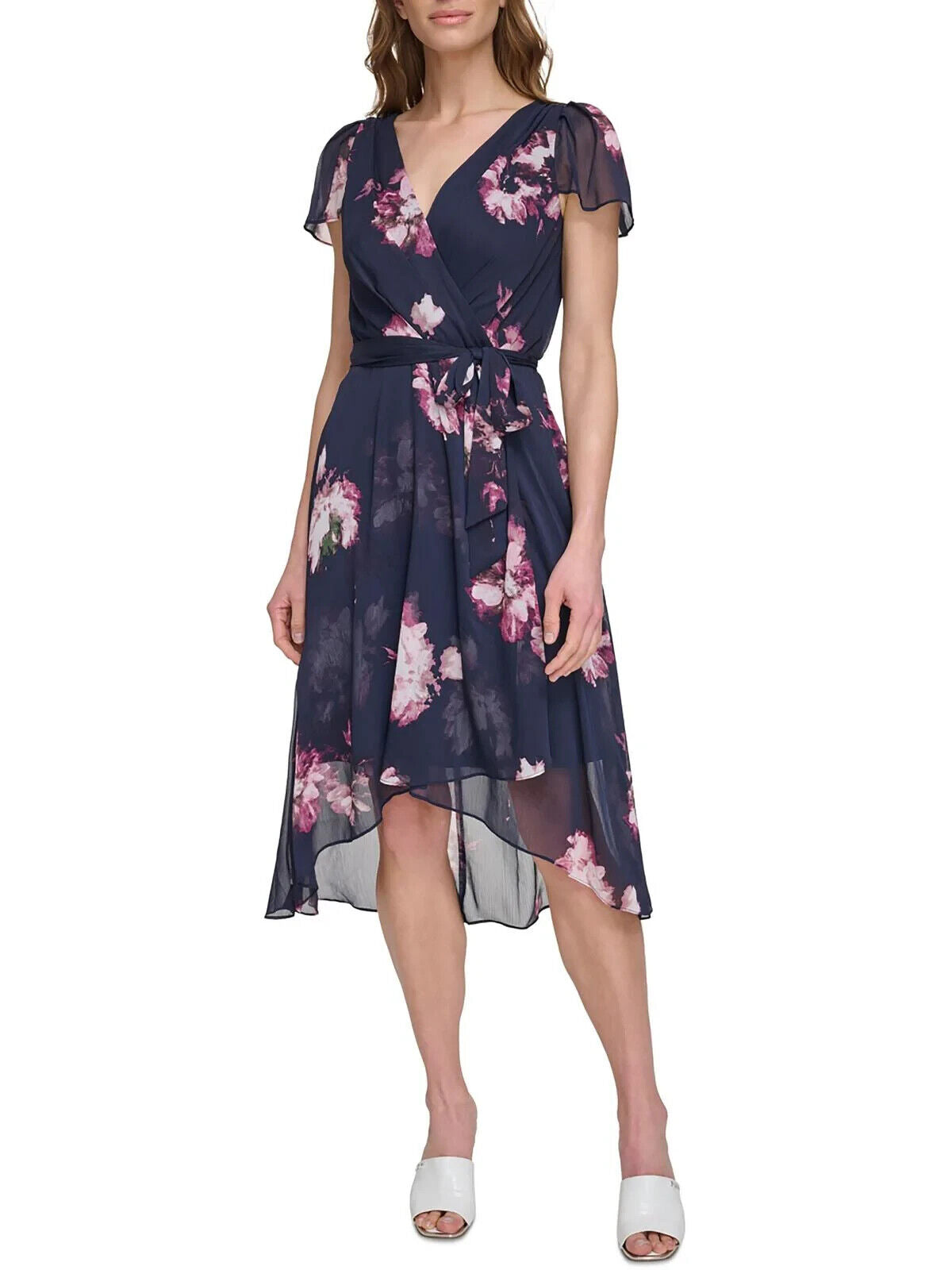 Dkny Women's Floral Printed Wrap Waist MIDI Dress, Navy Multi, Size 8