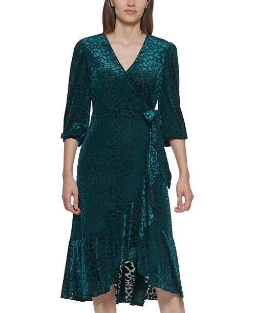 Calvin Klein Petite Animal-Print Velvet Burnout Wrap Dress, Malachite, Size 8P