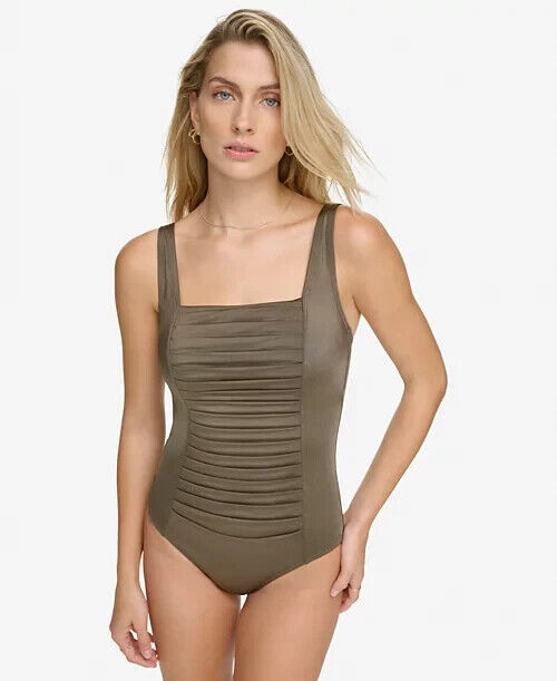 Calvin Klein Pleated Ruched-Panel One-Piece Swimsuit, Bronze, 8