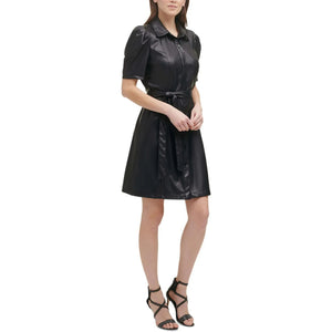 DKNY  Women's Petite Faux-Leather  Belted Shirtdress, Black, 6P