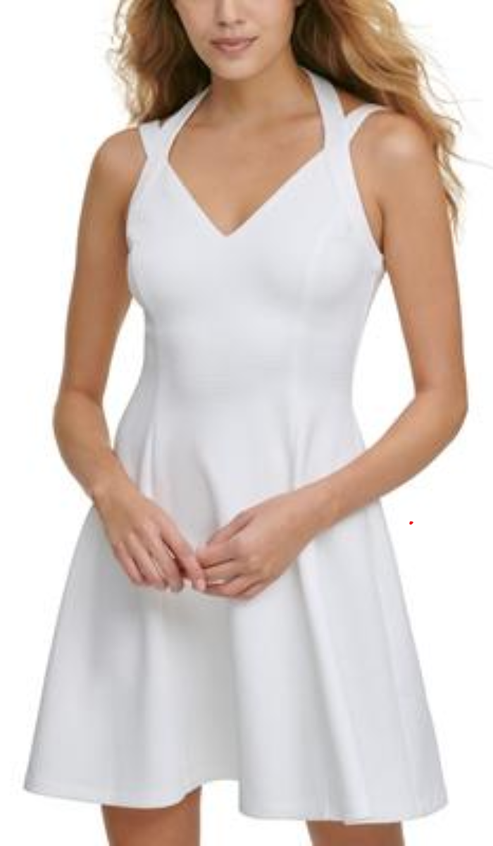 GUESS Women's Sleeveless Embossed Scuba Fit & Flare Dress, White, Size 4