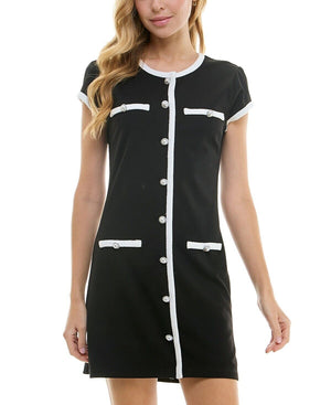 City Studios Juniors' Cap-Sleeve Button-Front Shift Dress, Black/Ivory, Size S