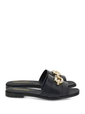 Ferragamo Women's Priscilla Leather Slide Sandals, Black, Size 8