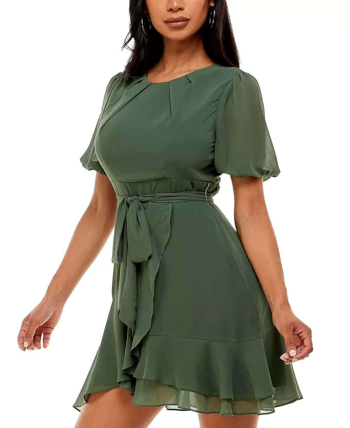 B Darlin Juniors' Puff-Sleeve A-Line Dress, Olive, Size 7/8