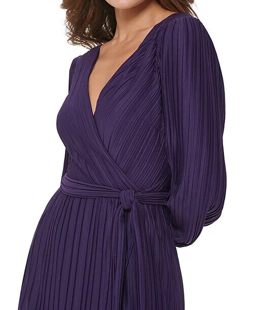 GUESS Womens Pleated Woven Faux-Wrap V-Neck Maxi Dress, Purple, Size 8