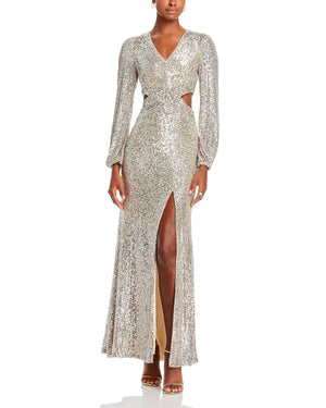 Aqua Sequined Cutout Gown, Nude/Silver, Sizes 0