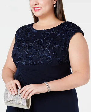 Connected Plus Size Soutache Faux-Wrap Dress, Navy, Size 14W