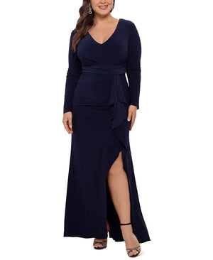 Betsy Adam Plus Size V-Neck Gown With Mat, Navy Blue, Size 16W