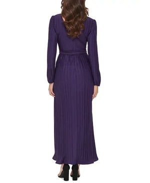 GUESS Womens Pleated Woven Faux-Wrap V-Neck Maxi Dress, Purple, Size 8