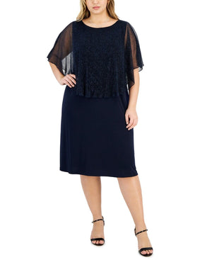 Connected Plus Size Round-Neck Mesh Cape Overlay Dress, Navy, Size 20W