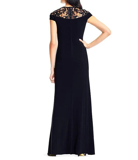 Adrianna Papell Embellished Illusion-Yoke Gown, Black, Size 12