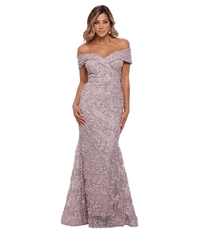 Xscape Women's Lace Sequined Off-The-Shoulder Evening Gown, Taupe, Size 10