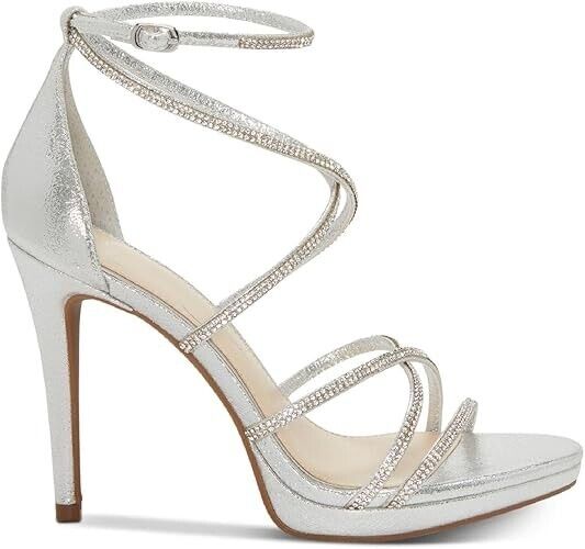 Jessica Simpson Jaeya Strappy Rhinestone High-Heel Dress Sandals, Platinum, 8M