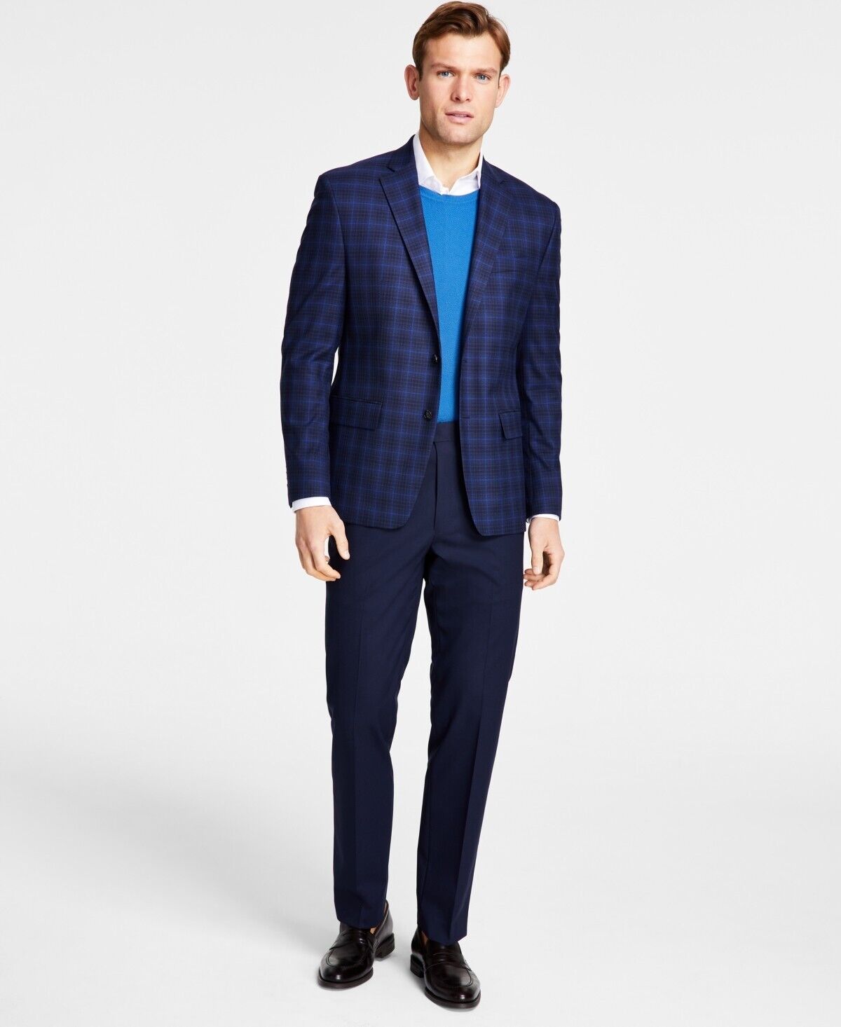 Michael Kors Men's Classic Fit Notch Lapel Plaid Sport Coat, Navy Blue, 38R