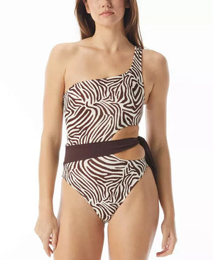 Sundazed Mia Zebra-Print One-Shoulder One-Piece Swimsuit, Mocha, S