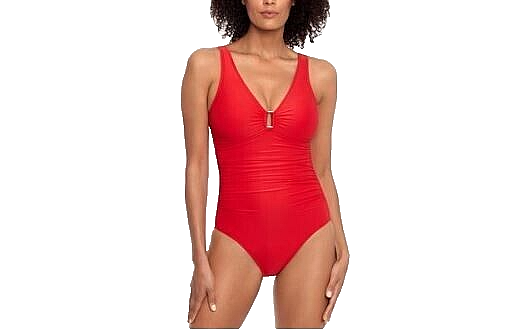 Lauren Ralph Lauren Ring- Detail Over The Shoulder One Piece Swimsuit, Red, 12