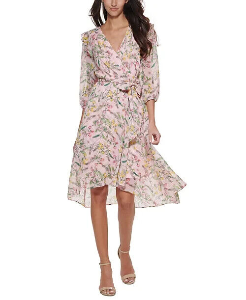 Tommy Hilfiger Printed Balloon-Sleeve Faux-Wrap Dress, Pink Multi, Size 6