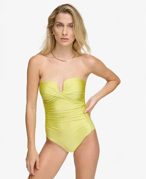 Calvin Klein Shirred Tummy-Control Bandeau One-Piece Swimsuit, Pear Shimmer, 12