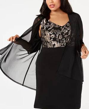 Connected Plus Size Metallic Sheer Cocktail Dress, Embroidered, BlackGold, 20W