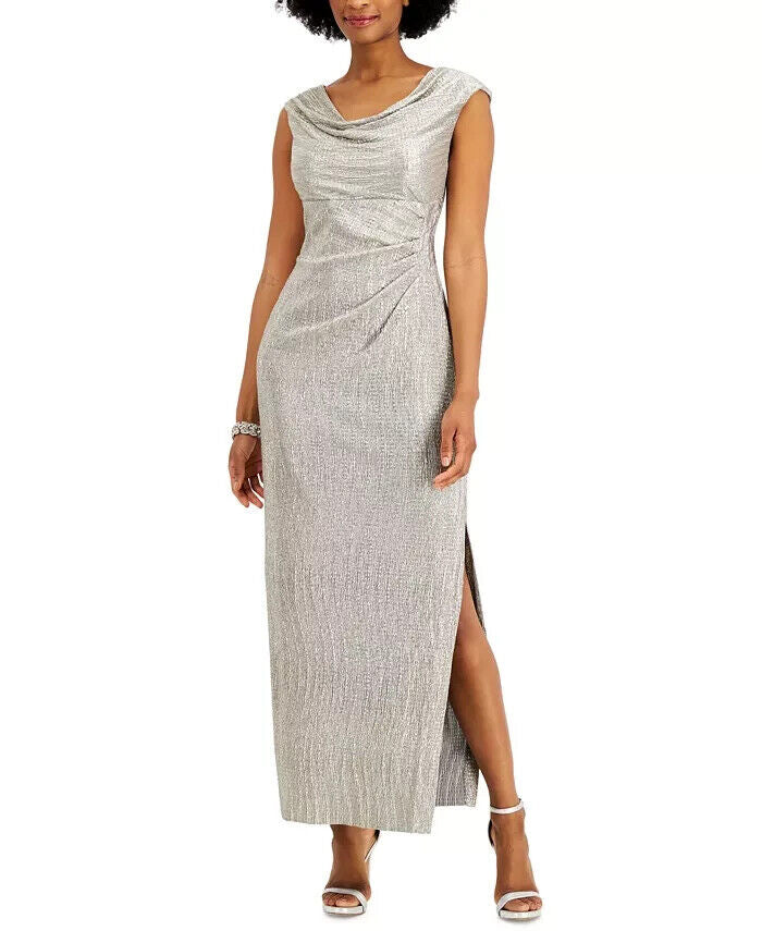 Connected Textured Metallic Gown, Mashroom Gray, Size 8