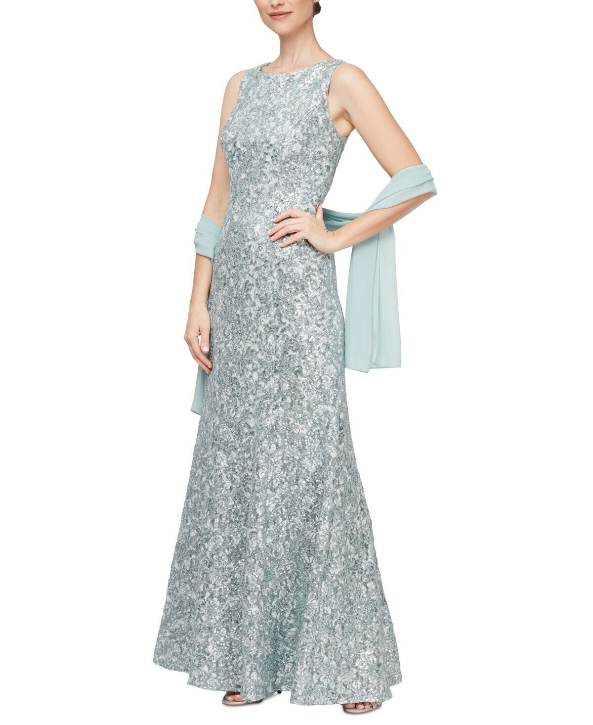 Alex Evenings Petite Allover-Sequin Fit Flare Gown & Shawl, Ice Sage, Size 4P