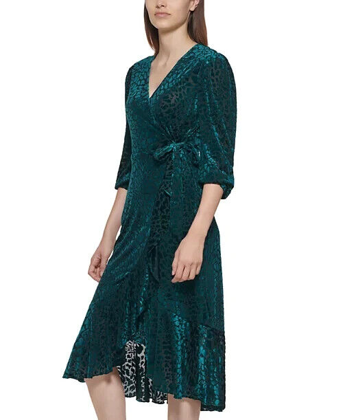 Calvin Klein Petite Animal-Print Velvet Burnout Wrap Dress, Malachite, Size 8P