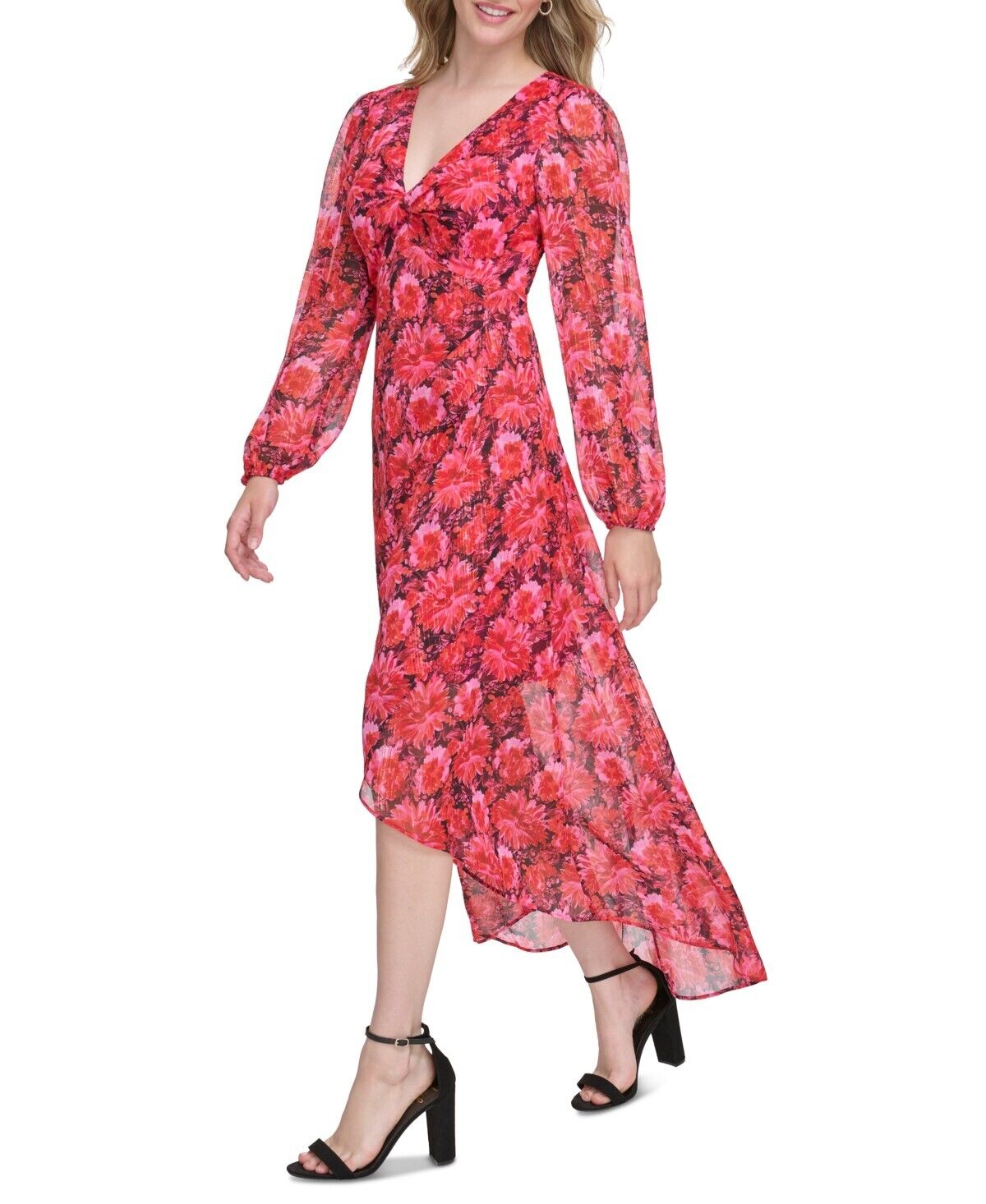 Guess Women's Floral-Print Faux-Wrap Dress Midi Dress, Dark Pink , Size 8