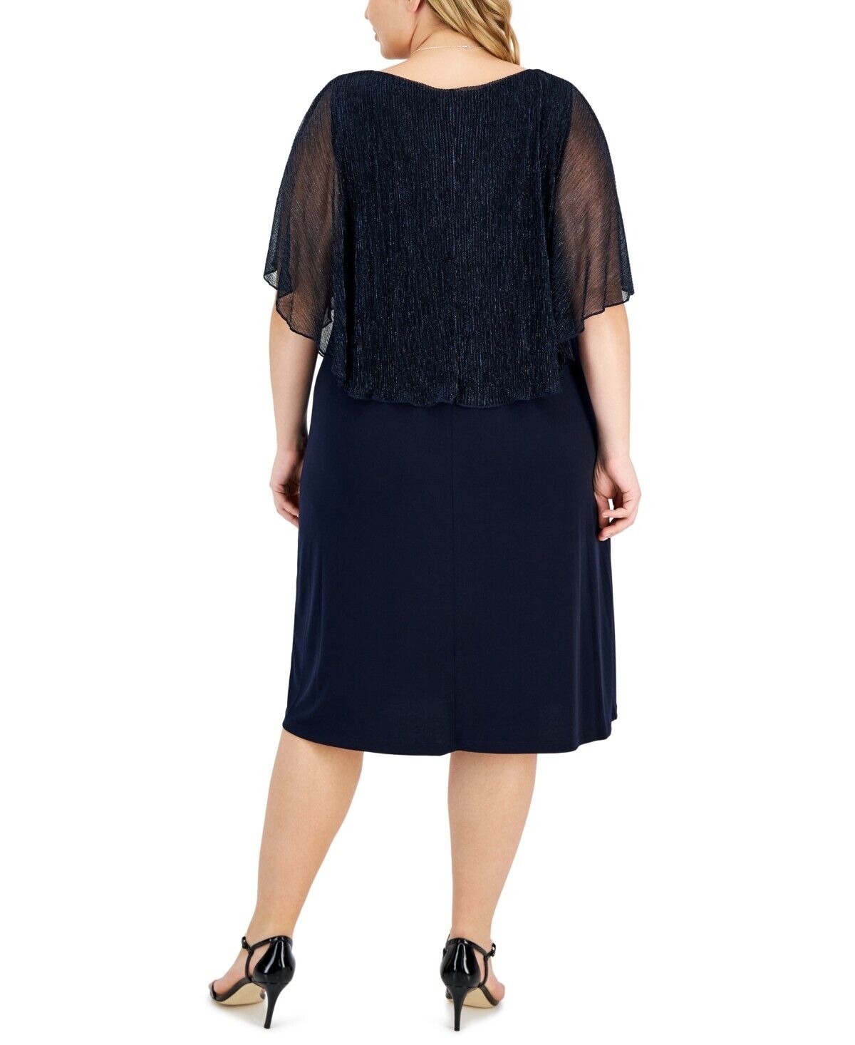 Connected Plus Size Round-Neck Mesh Cape Overlay Dress, Navy, Size 20W