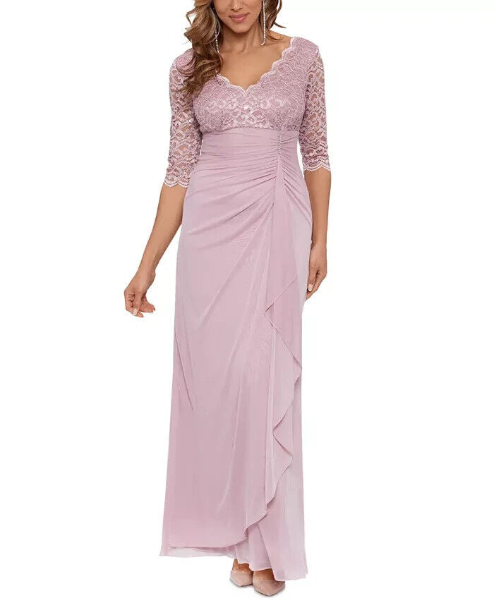 Betsy Adam Lace-Top Waterfall-Detail Gown, Rose, Sizes 16