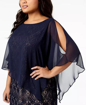 Connected Plus Size Chiffon-Overlay Lace, Navy/Mocha, Size 16W