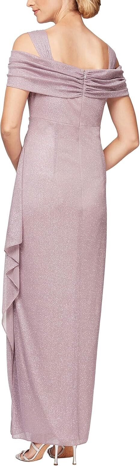 Alex Evenings Cold-Shoulder Draped Metallic Petite Gown, Mauve Pink, Size 8P