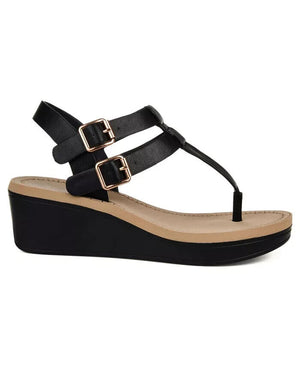 Journee Collection Women's Bianca Double Buckle Wedge Sandals, Black, 5.5M