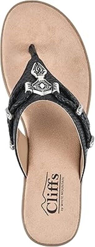 Cliffs by White Mountain Women's Black Woven Thong Wedge Sandals, Black, 8M