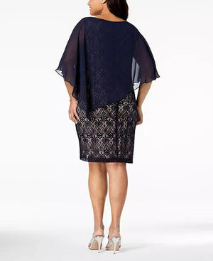 Connected Plus Size Chiffon-Overlay Lace, Navy/Mocha, Size 16W