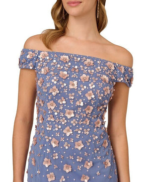 Adrianna Papell Off-The-Shoulder 3-D Beaded Go, French Blue Coral, Size 4