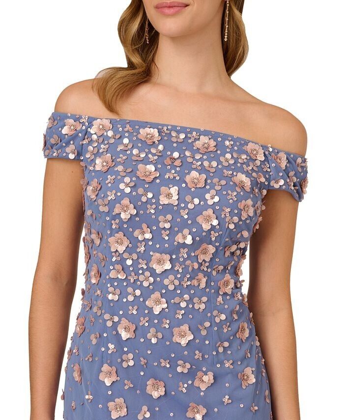 Adrianna Papell Off-The-Shoulder 3-D Beaded Go, French Blue Coral, Size 4