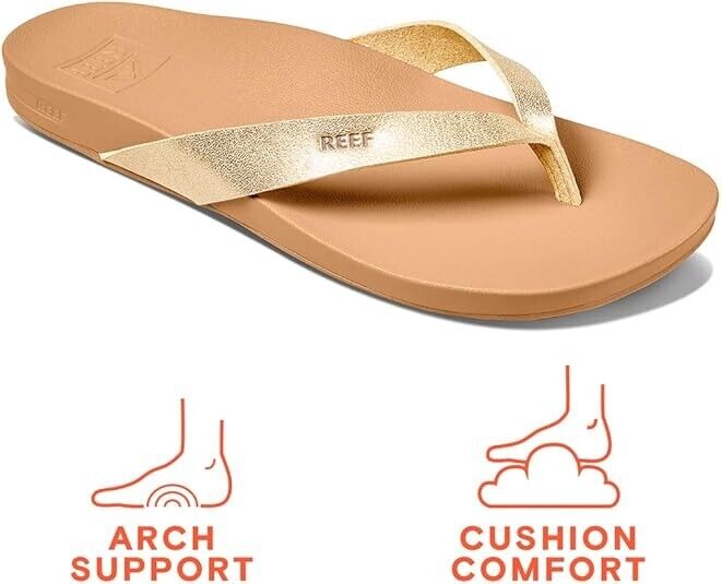 REEF Women's Cushion Court Flip-Flop Sandal, Tan/Champagne, 11M