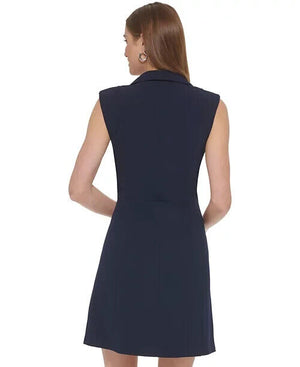 DKNY Womens Notched Collar Hardware Trim Spring Sheath Dress, Navy, Size 4