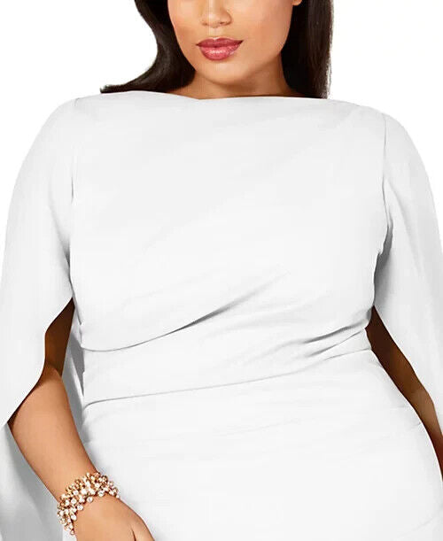 Betsy Adam Women's Plus Size Ruched Cape Dress, White, Size 18W