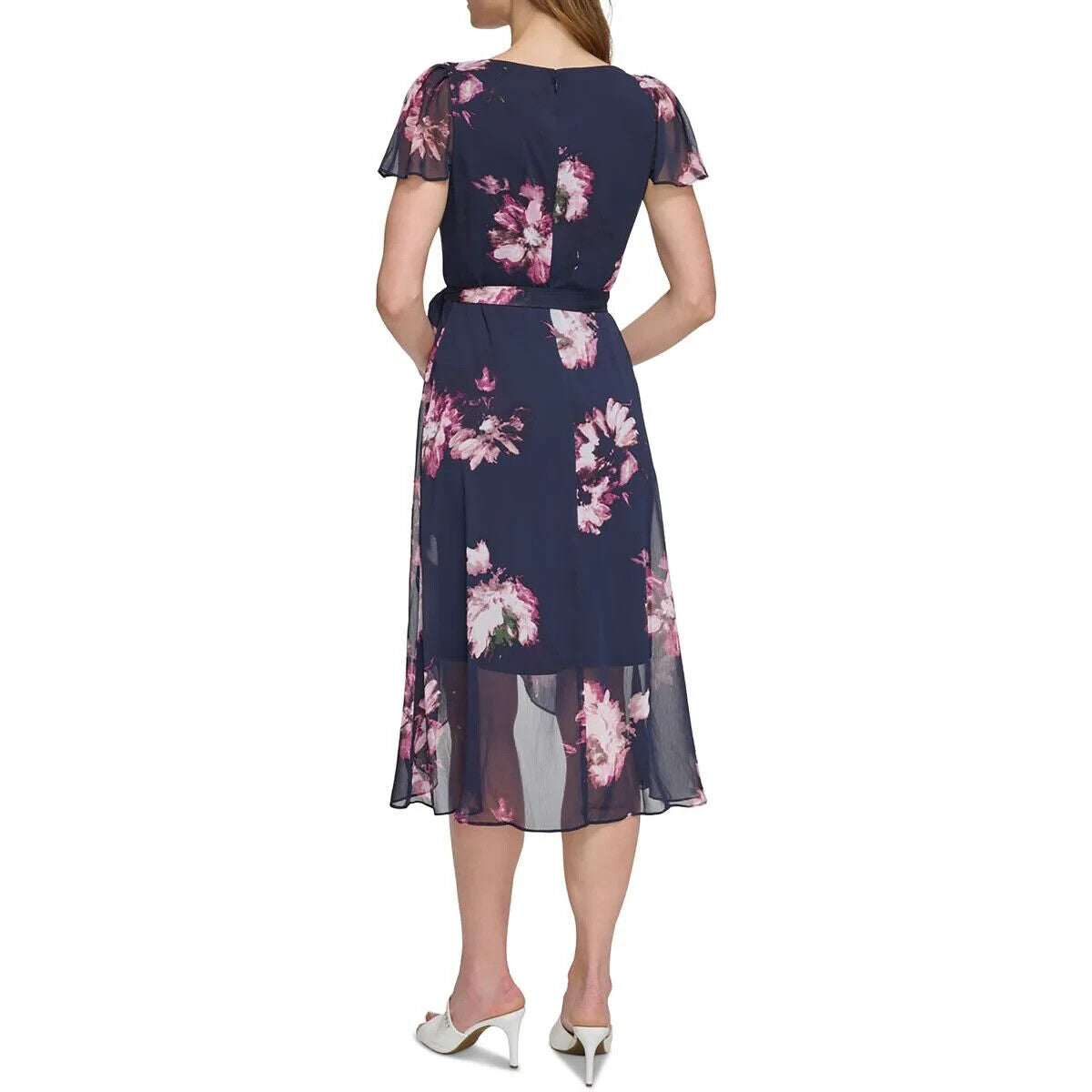 Dkny Women's Floral Printed Wrap Waist MIDI Dress, Navy Multi, Size 8