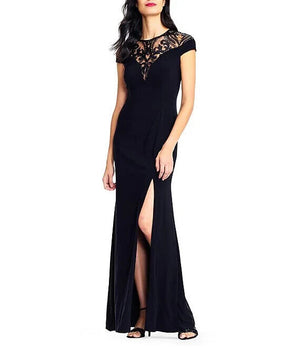 Adrianna Papell Embellished Illusion-Yoke Gown, Black, Size 12