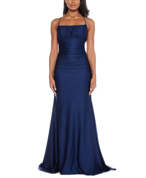 B Darlin Juniors' Square-Neck Ruched Strappy Sleeveless Gown, Navy, Size 11/12