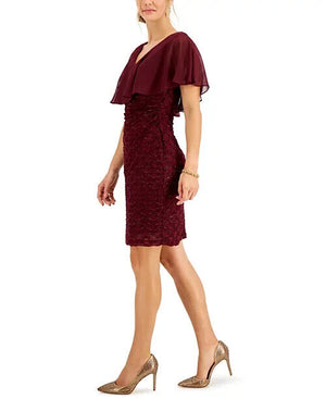 Connected Chiffon-Overlay Eyelash Sheath Dress, Bordeaux, Size 16