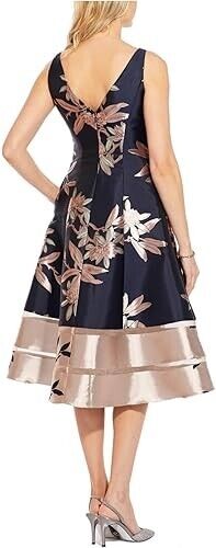 Adrianna Papell Women's Jacquard A-Line Dress, Navy/Blush, Size 2