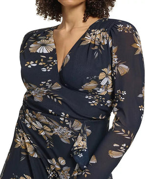 Tommy Hilfiger Plus Size Floral-Print Mesh Fit & Flare, Sky Captain, Size 20W